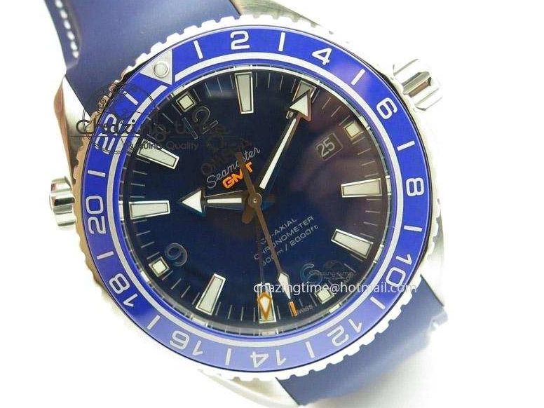 0307 HighPerformance Seamaster Planet Ocean GMT 600M Blue Dial SS On Blue Rubber Strap A 8278